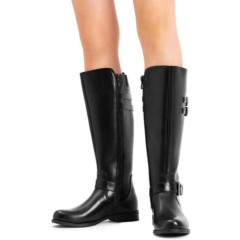 🆕Womens Faux Leather Black Knee High Buckle Chunky Heel Flat Riding Pirate Boot